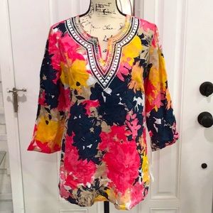 🆕 CHARTER CLUB Floral Beaded Tunic Linen Top 3/4 Sleeves